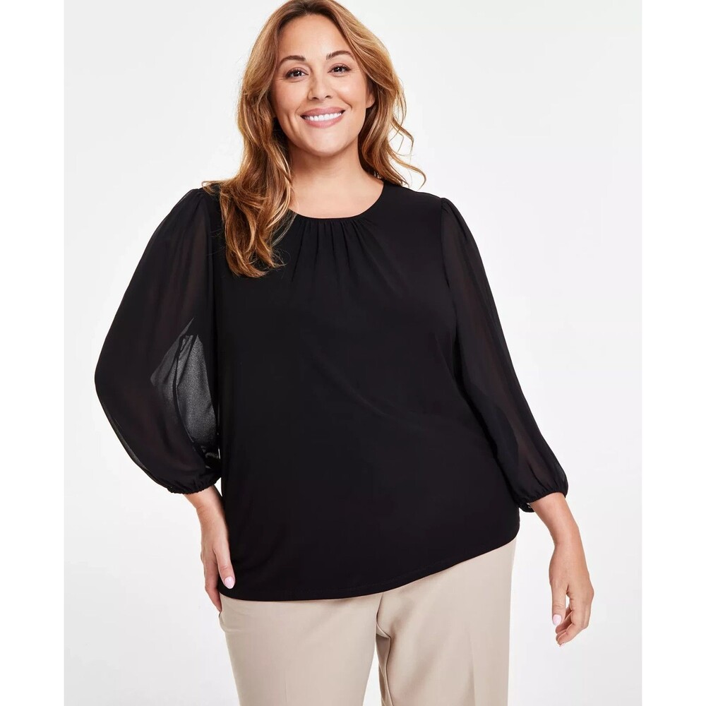 Kasper Women's Plus Size Shirred-Neck Semi Sheer Sleeves Blouse Top Black 1X